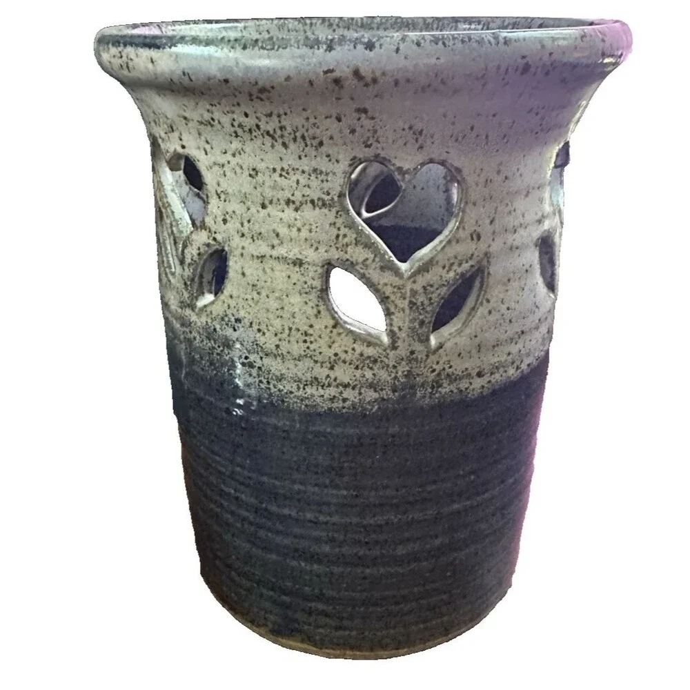 Paul Corbin Art Studio Pottery Stoneware Blue Gray Floral Cutout Utensil Holder